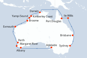 Carte de l'itinéraire de croisière Adelaide-Sydney d'une durée de 22 jours