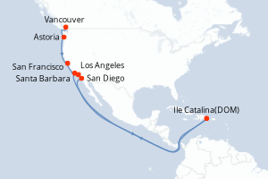 carte itinéraire croisière Amérique du Nord 8 jours au départ du port de Vancouver