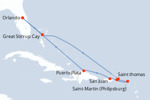 Carte de l'itinéraire de croisière Orlando-Orlando d'une durée de 9 jours