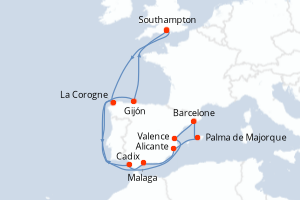 carte itinéraire croisière Europe du Nord 14 jours au départ du port de Southampton