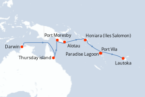 Carte de l'itinéraire de croisière Darwin-Lautoka d'une durée de 16 jours