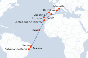 carte itinéraire croisière Transatlantique 17 jours au départ du port de Marseille