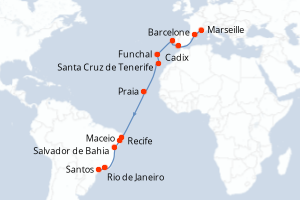 carte itinéraire croisière Transatlantique 20 jours au départ du port de Marseille