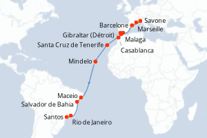 Carte de l'itinéraire de croisière Marseille-Santos d'une durée de 21 jours