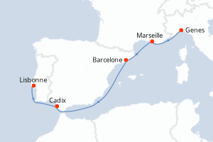 carte itinéraire croisière Atlantique 5 jours au départ du port de Genes