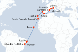 carte itinéraire croisière Transatlantique 18 jours au départ du port de Genes