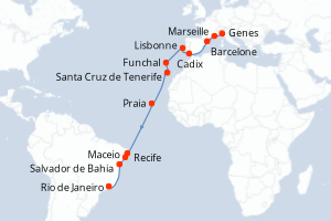 carte itinéraire croisière Transatlantique 20 jours au départ du port de Genes