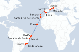 Carte de l'itinéraire de croisière Genes-Santos d'une durée de 21 jours