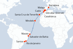 Carte de l'itinéraire de croisière Barcelone-Santos d'une durée de 19 jours