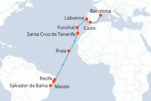 carte itinéraire croisière Transatlantique 16 jours au départ du port de Barcelone