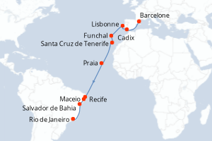 carte itinéraire croisière Transatlantique 18 jours au départ du port de Barcelone