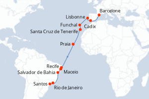 Carte de l'itinéraire de croisière Barcelone-Santos d'une durée de 19 jours