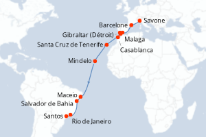 Carte de l'itinéraire de croisière Savone-Santos d'une durée de 20 jours