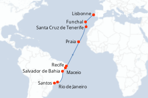 carte itinéraire croisière Brésil 16 jours au départ du port de Lisbonne