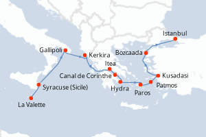 Carte de l'itinéraire de croisière La Valette-Istanbul d'une durée de 10 jours