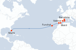 carte itinéraire croisière Transatlantique 14 jours au départ du port de Barcelone
