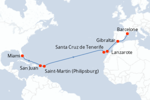 carte itinéraire croisière Transatlantique 16 jours au départ du port de Miami