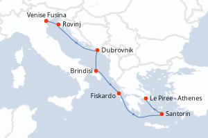 Carte de l'itinéraire de croisière Venise Fusina-Le Piree - Athenes d'une durée de 7 jours