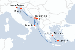 Carte de l'itinéraire de croisière Venise Fusina-Le Piree - Athenes d'une durée de 7 jours
