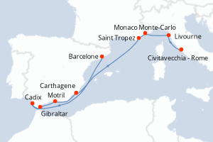 Carte de l'itinéraire de croisière Barcelone-Civitavecchia - Rome d'une durée de 10 jours