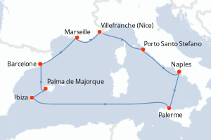 carte itinéraire croisière Sicile 9 jours au départ du port de Barcelone