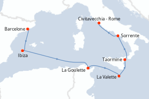 Carte de l'itinéraire de croisière Barcelone-Civitavecchia - Rome d'une durée de 7 jours