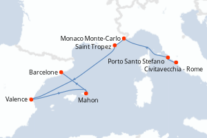 Carte de l'itinéraire de croisière Civitavecchia - Rome-Barcelone d'une durée de 7 jours
