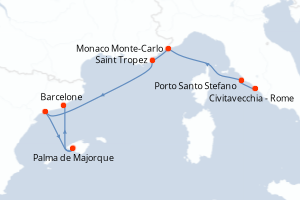 Carte de l'itinéraire de croisière Civitavecchia - Rome-Barcelone d'une durée de 7 jours
