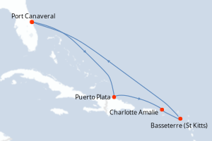 carte itinéraire croisière Caraïbes Bahamas 7 jours au départ du port de Port Canaveral