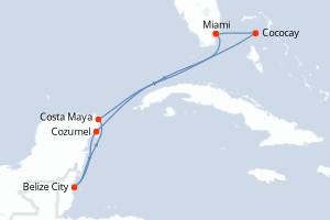 carte itinéraire croisière Caraïbes Bahamas 7 jours au départ du port de Miami