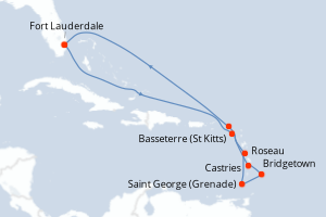 Carte de l'itinéraire de croisière Fort Lauderdale-Fort Lauderdale d'une durée de 11 jours