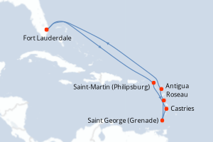 carte itinéraire croisière Caraïbes Bahamas 10 jours au départ du port de Fort Lauderdale