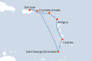 Carte de l'itinéraire de croisière San Juan-San Juan d'une durée de 7 jours