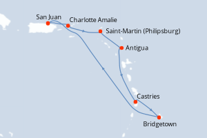 Carte de l'itinéraire de croisière San Juan-San Juan d'une durée de 7 jours