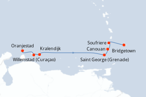 Carte de l'itinéraire de croisière Oranjestad-Bridgetown d'une durée de 7 jours