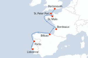 Carte de l'itinéraire de croisière Lisbonne-Portsmouth d'une durée de 9 jours