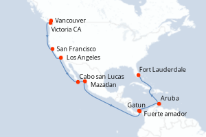 carte itinéraire croisière Transatlantique 23 jours au départ du port de Vancouver