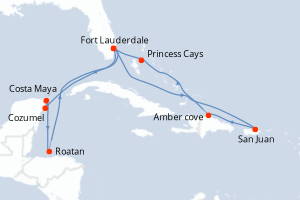 carte itinéraire croisière Caraïbes Bahamas 14 jours au départ du port de Fort Lauderdale