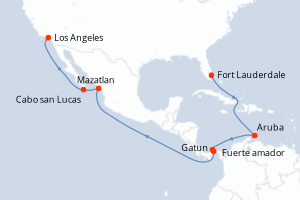 Carte de l'itinéraire de croisière Fort Lauderdale-Los Angeles d'une durée de 16 jours