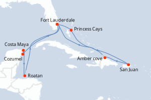 carte itinéraire croisière Caraïbes Bahamas 14 jours au départ du port de Fort Lauderdale