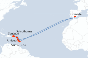 Carte itinéraire croisière Porto Rico, Pays-Bas, Antigua-et-Barbuda, Sainte-Lucie, Barbade, Royaume-Uni, Dominique, Espagne - 14 jours au départ de San Juan - Caraïbes Bahamas