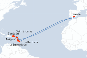 Carte itinéraire croisière Porto Rico, Royaume-Uni, Dominique, Espagne, Barbade, Pays-Bas, Antigua-et-Barbuda, Sainte-Lucie - 14 jours au départ de San Juan - Caraïbes Bahamas