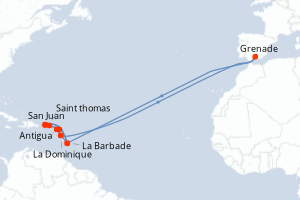 Carte itinéraire croisière Porto Rico, Royaume-Uni, Dominique, Espagne, Barbade, Pays-Bas, Antigua-et-Barbuda - 14 jours au départ de San Juan - Caraïbes Bahamas