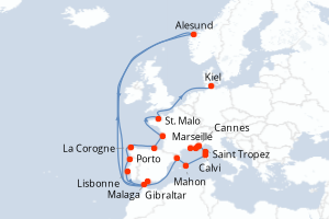 carte itinéraire croisière Fjörds norvégiens 23 jours au départ du port de Marseille