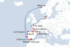carte itinéraire croisière Fjörds norvégiens 15 jours au départ du port de Barcelone