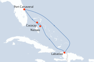 carte itinéraire croisière Caraïbes Bahamas 6 jours au départ du port de Port Canaveral