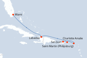 Carte de l'itinéraire de croisière Miami-San Juan d'une durée de 6 jours