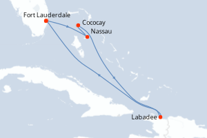 carte itinéraire croisière Caraïbes Bahamas 6 jours au départ du port de Fort Lauderdale