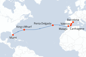 carte itinéraire croisière Transatlantique 14 jours au départ du port de Barcelone