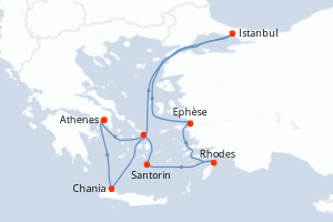Carte de l'itinéraire de croisière Le Piree - Athenes-Le Piree - Athenes d'une durée de 10 jours